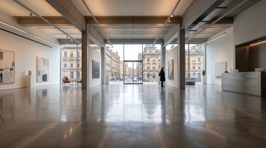 The image depicts a clean, polished commercial space. The purpose of the image is to highlight the importance of a clean commercial space.